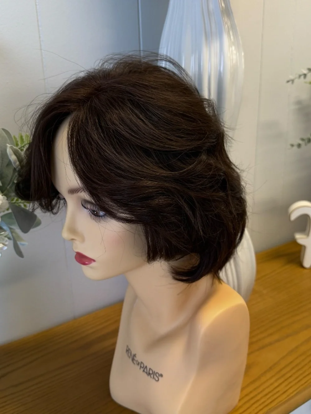 Human hair dark brown short shoulder length wig